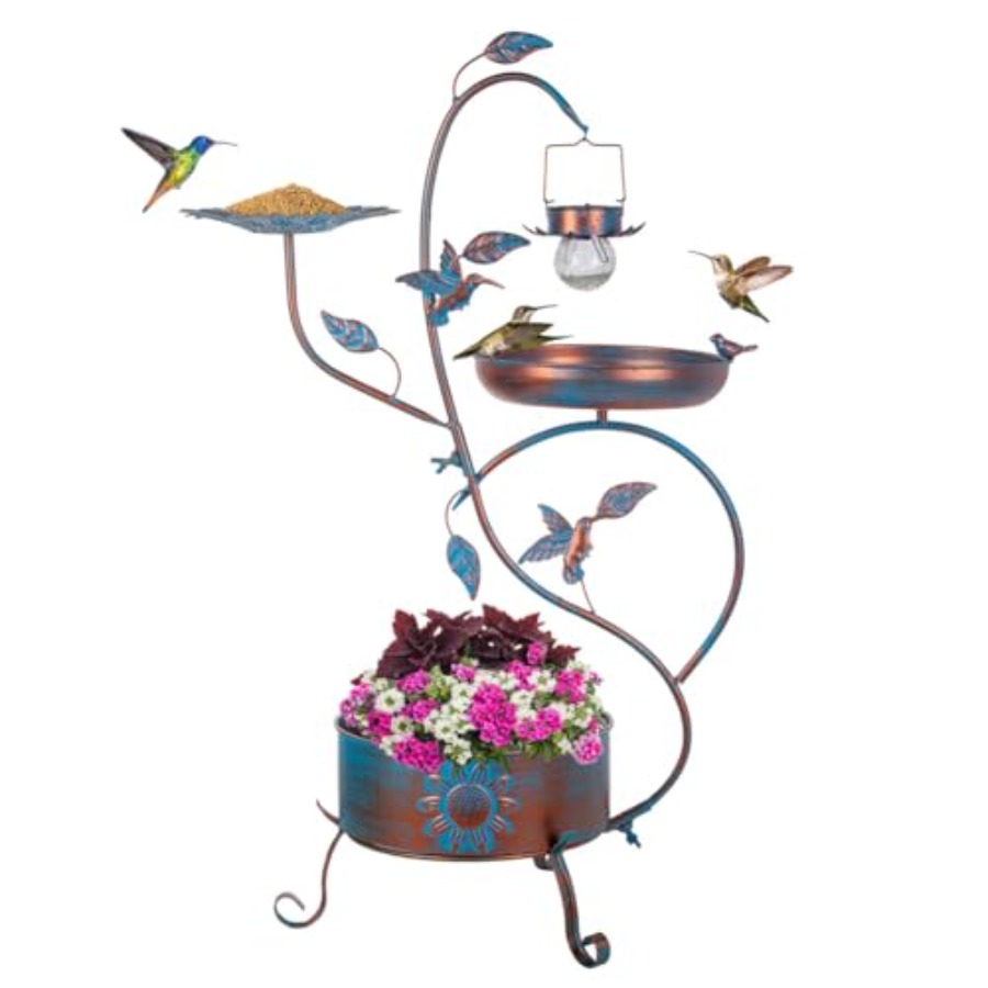 Outdoor Lighting And Decor - Outdoor metal bird bath with planter